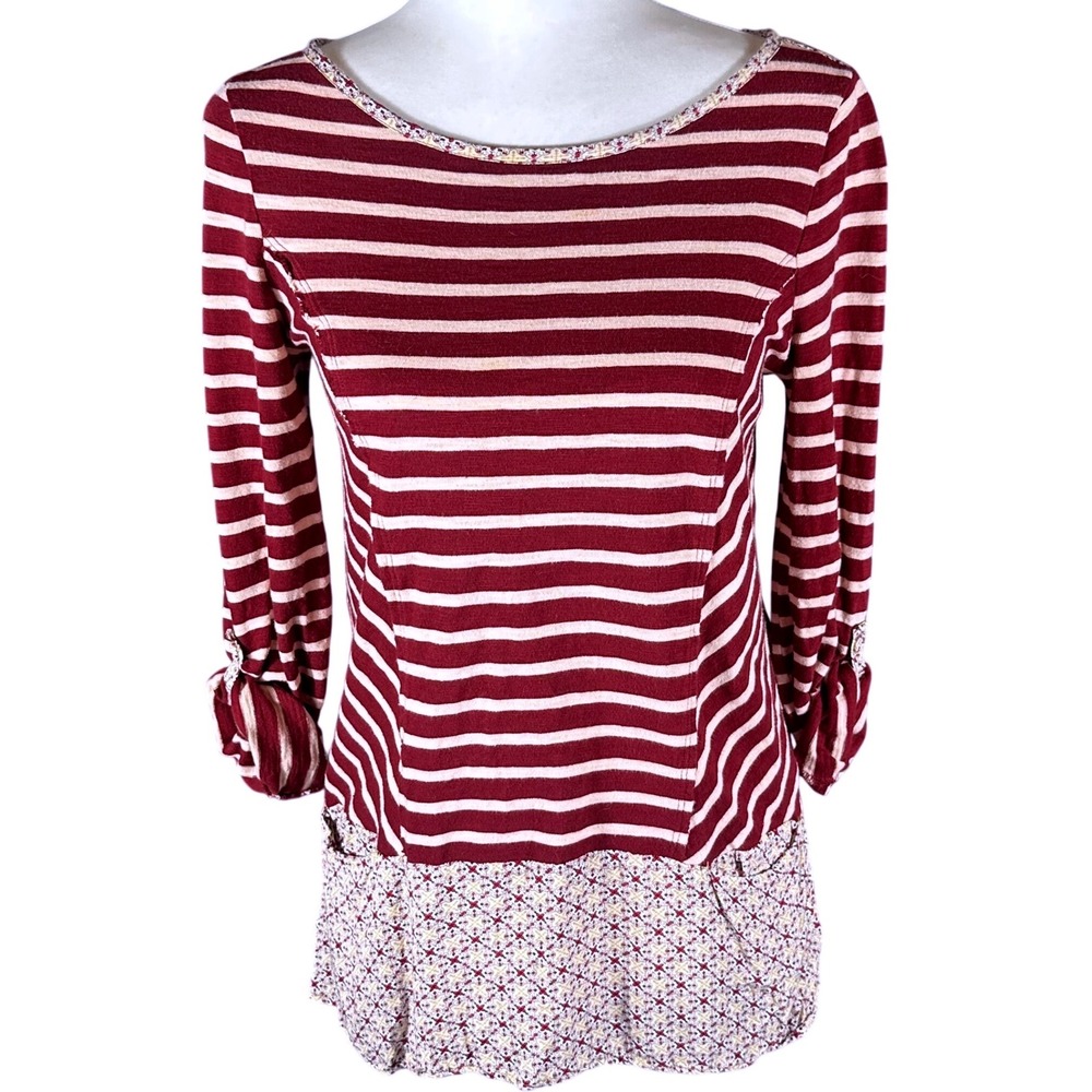 Anthropologie Postmark Top Womens XS Burgundy Striped Mixed Media Floral Hem